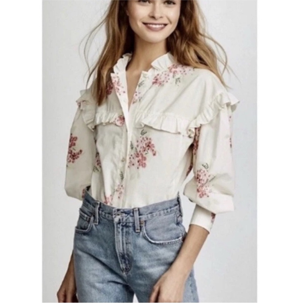 LIKE NEW Rebecca Taylor Maia Ruffled Floral Cotton Poplin Shirt Size 2